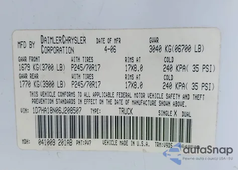 2006 Dodge Ram 1500 Slt z USA, uszkodzony, nr VIN 1D7HA18N06J208507